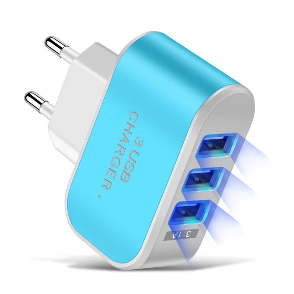 Chargeur de téléphone portable multi-têtes avec lumière LED, chargeur de voyage, adaptateur de charge, 3ports USB, prise UE et US