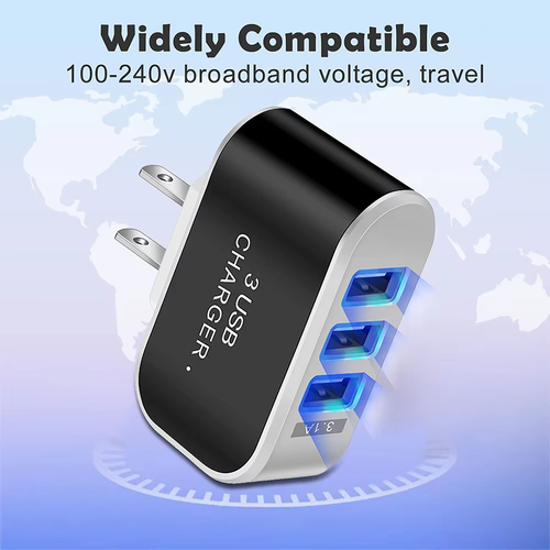 Chargeur de téléphone portable multi-têtes avec lumière LED, chargeur de voyage, adaptateur de charge, 3ports USB, prise UE et US