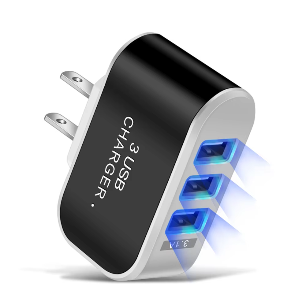 Chargeur de téléphone portable multi-têtes avec lumière LED, chargeur de voyage, adaptateur de charge, 3ports USB, prise UE et US