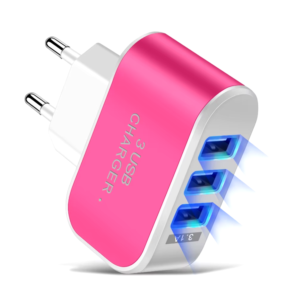 Chargeur de téléphone portable multi-têtes avec lumière LED, chargeur de voyage, adaptateur de charge, 3ports USB, prise UE et US