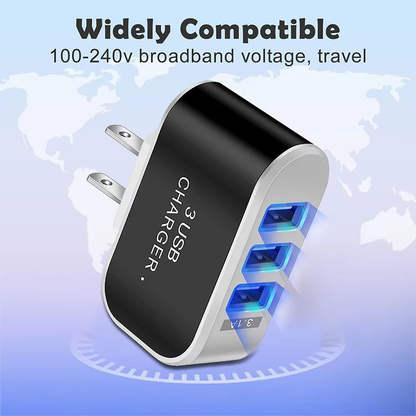 Chargeur de téléphone portable multi-têtes avec lumière LED, chargeur de voyage, adaptateur de charge, 3ports USB, prise UE et US