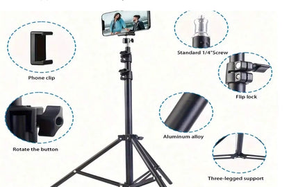 Trépied pliable et clip de support de téléphone 160 Cm multifonctionnel, pour téléphone et appareil photo