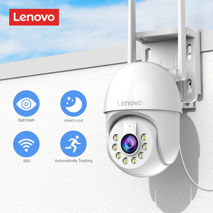 Caméra PTZ intelligente Wi-Fi Lenovo 5MP pour extérieur, zoom numérique 5x, suivi automatique