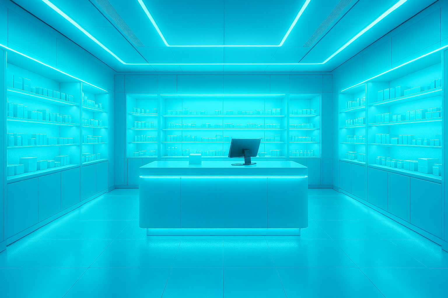 Magasin futuriste - éclairage bleu pastel