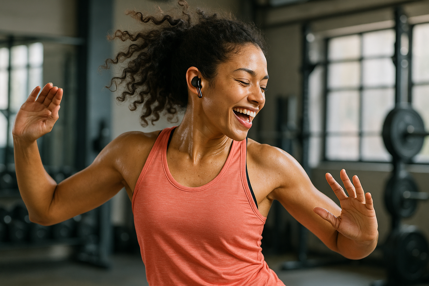 Une femme qui danse énergiquement avec des écouteurs Lenovo TX 80 dans une salle de sport